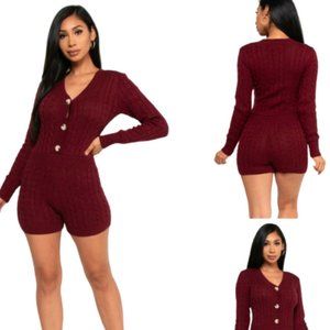 NWT Sweaterland Long Sleeved V-Neck Knitted Shorts Romper (Wine)